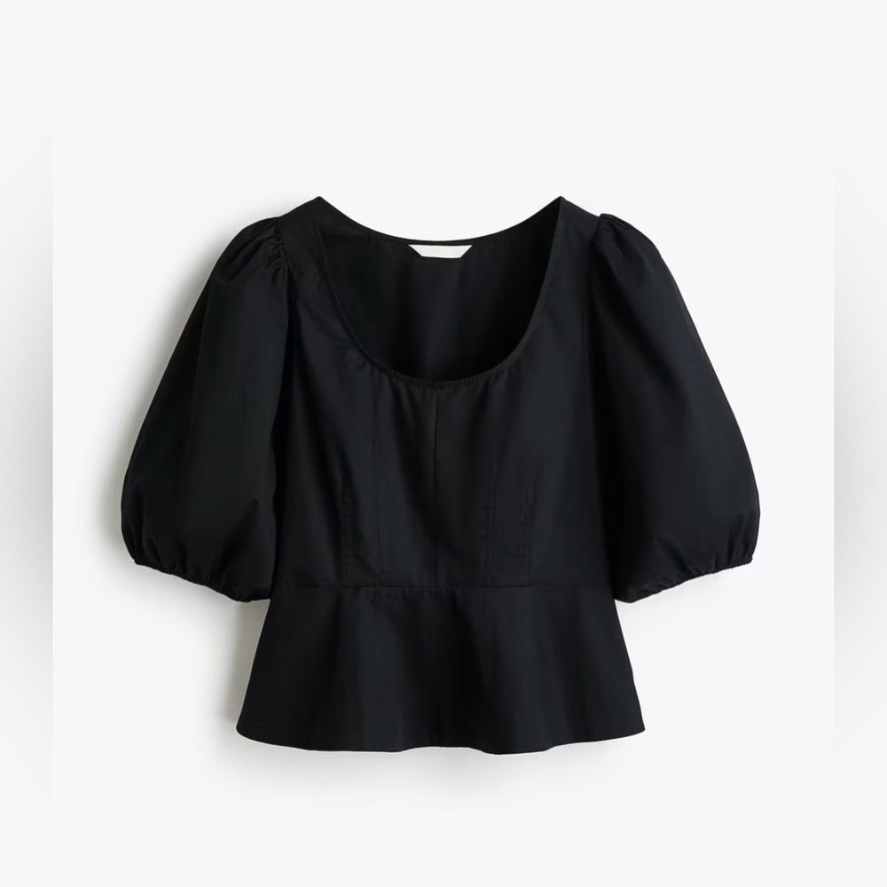 H&M Cotton Black Puff Sleeve Peplum Blouse/Top